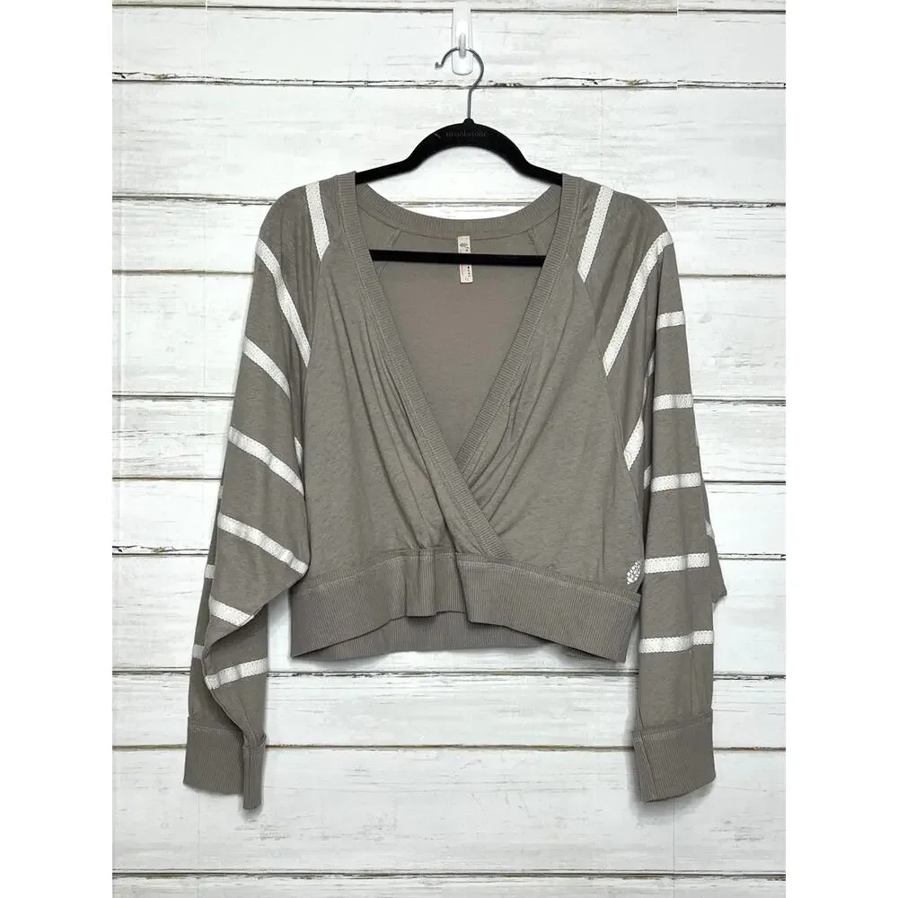 Free People Movement Wrap Front Cropped Pullover Taupe Gray Stripe Top Small